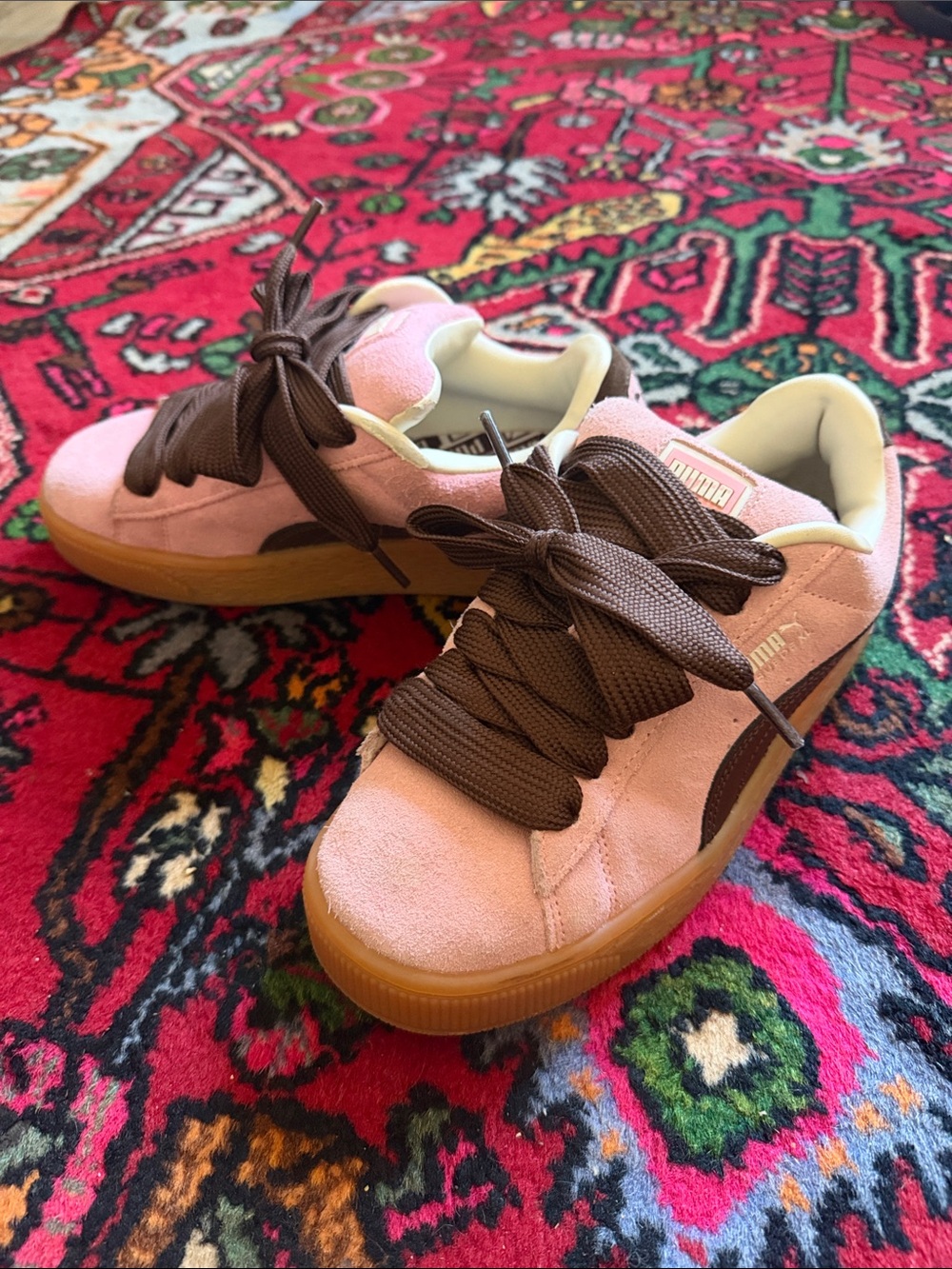 Puma Pink Suede Sneakers with Brown Laces